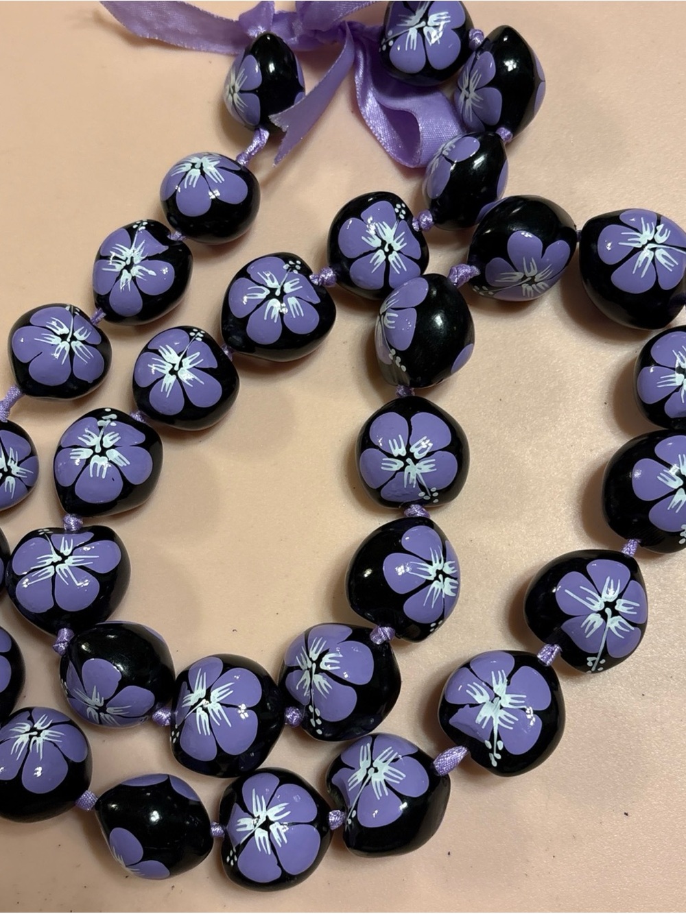 Hand Painted Kukui Nut Lei Hawaiian Necklace